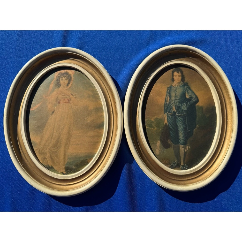 Vtg Chalkware Pinkie & Blue Boy Oval Wall Plaques Pair Kitsch Hollywood Regency